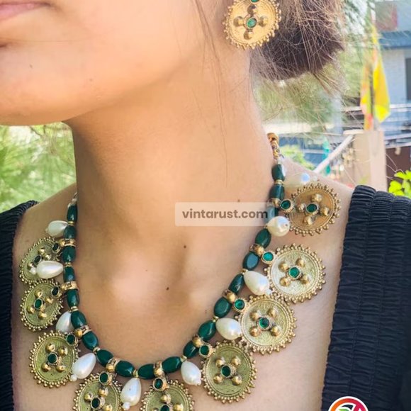 Pearls and Beads Jewelry Set, Handmade Coins Jewelry Set With Glass Stones, - Picture 4 of 12